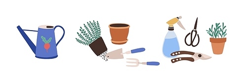 Composition with gardening tools isolated on white . Bundle of equipment for agricultural work, plant cultivation or transplantation, work in garden. Flat cartoon vector illustration