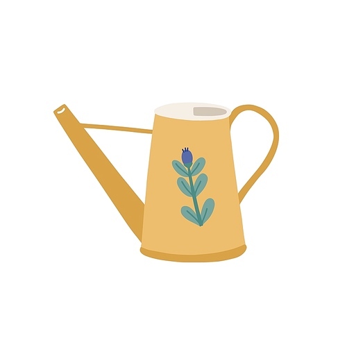 Watering can or pot decorated by cute flower isolated on white . Simple gardening tool or agricultural implement used in horticulture and plant cultivation. Flat cartoon vector illustration