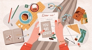 Hands holding paper sheet with handwritten text. Concept of sending letter to your future self or written message to yourself through postal service. Flat cartoon colorful vector illustration