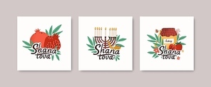 Collection of square greeting cards with Shana Tova message, leaves, shofar horn, menorah, honey, apples, pomegranates. Flat cartoon holiday vector illustration for Rosh Hashanah celebration