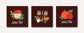 Collection of square Rosh Hashanah cards with Shana Tova phrase decorated by menorah, shofar horn, honey, bird, pomegranate. Flat cartoon vector illustration for Jewish religious holiday celebration
