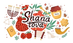 Rosh Hashanah horizontal background with Shana Tova inscription decorated by menorah, shofar horn, Torah, honey, apples, pomegranates. Flat cartoon vector illustration for Jewish new year celebration