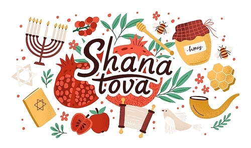 Rosh Hashanah horizontal background with Shana Tova inscription decorated by menorah, shofar horn, Torah, honey, apples, pomegranates. Flat cartoon vector illustration for Jewish new year celebration