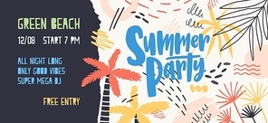 Seasonal web banner template decorated by tropical palm trees, paint stains, blots and scribble for summer open air dance party. Vector illustration for summertime event promotion, advertisement