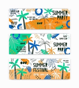 Summer festival vector banner templates set. Open air party invitation decorated with palm trees and tropical beach. Music fest tickets collection. Seasonal outdoor dance party, concert posters design