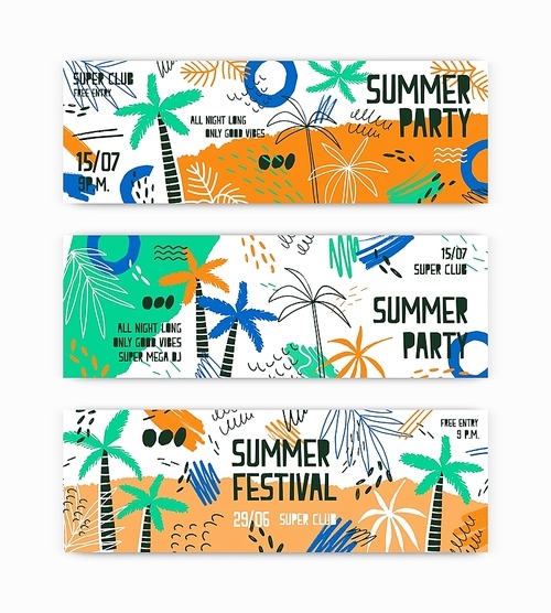 Summer festival vector banner templates set. Open air party invitation decorated with palm trees and tropical beach. Music fest tickets collection. Seasonal outdoor dance party, concert posters design