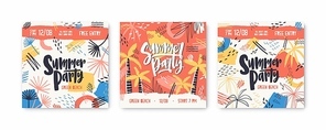 Bundle of square banner or invitation templates decorated by exotic palm trees, stains and scribble for summer party or open air festival. Modern vector illustration for seasonal event announcement