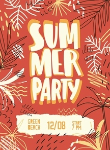 Seasonal flyer, poster or invitation templates decorated by exotic palm trees, stains and scribble for summer party or open air festival. Modern vector illustration for summertime event advertisement