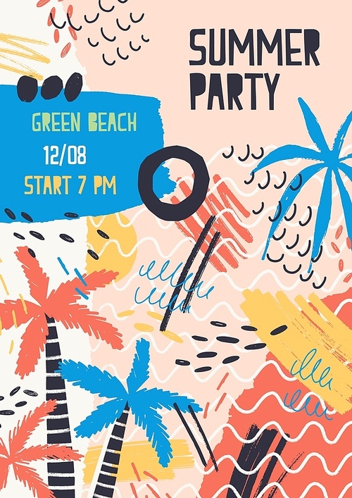 Creative flyer, poster or invitation templates decorated by jungle palm trees, stains and scribble for summer beach party or open air festival. Contemporary vector illustration for event promo