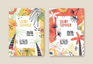 Enjoy summer party vector poster templates set. Open air festival invitation decorated with palm trees and tropical exotic leaves. Music fest tickets collection. Dance party, dj concert placard design