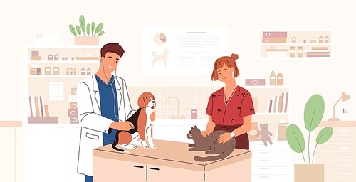 Smiling veterinarian examining dog and cat. Vet doctor curing cute pets. Veterinary clinic, healthcare service or medical center for domestic animals. Flat cartoon colorful vector illustration