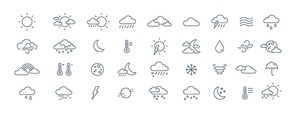 Collection of meteorological icons or symbols for weather forecast - sun, clouds, wind, rain, snow, air temperature drawn with contour lines on white background. Monochrome vector illustration