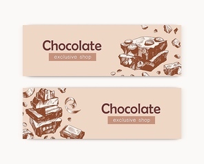 Chocolate exclusive shop vector banner templates set. Confectionery advertisements collection. Sweet delicious dessert, pastry assortment. Choco bar broken into pieces, confection with hazelnut