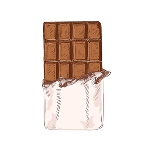 Elegant realistic colored drawing of chocolate bar in foil. Natural tasty sweet dessert or delicious organic confection isolated on white background. Hand drawn vector illustration in vintage style