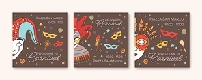 Collection of square card or party invitation templates with traditional Venetian masks and costumes for carnival, Mardi Gras show, performance or masquerade ball. Vector illustration in linear style