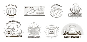Bundle of logotypes for farm market, locally grown vegetables, organic products. Set of logos or emblems hand drawn with contour lines on white background. Monochrome realistic vector illustration