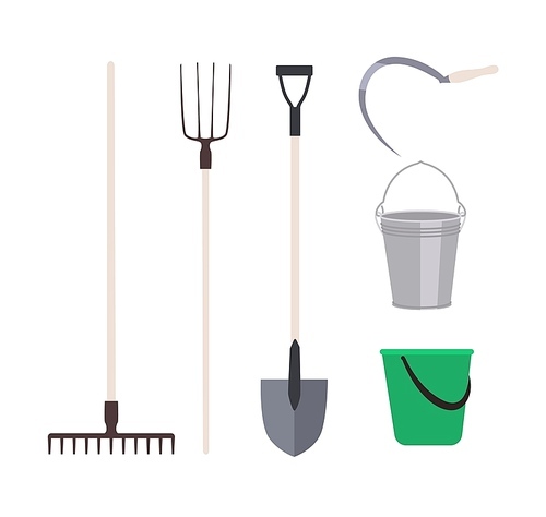 Collection of garden tools or agricultural implements isolated on white  - rake, pitchfork shovel, buckets, sickle. Set of equipment for harvest gathering. Flat cartoon vector illustration