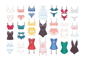 bundle of women's lingerie and nightwear sets isolated on white . collection of elegant undergarments or  female underwear. colorful vector illustration in modern line art style