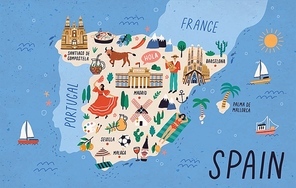 Map of Spain with touristic landmarks or sights and national symbols - cathedrals, flamenco dancer, bull, sangria, paella, man playing guitar. Colorful vector illustration in flat cartoon style