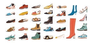 Collection of stylish elegant shoes and boots of different types isolated on white background. Bundle of trendy casual and formal men's and women's footwear. Flat cartoon colorful vector illustration