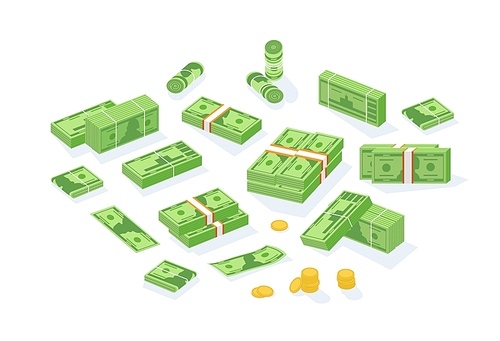Bundle of cash money or currency. Set of United States dollar bills or banknotes in packs and rolls and cent coins isolated on white . Modern colorful isometric vector illustration