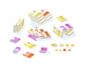 Set of fiat money or European currency. Bundle of Euro bills or banknotes in stacks and rolls and cent coins. Decorative design elements isolated on white . Isometric vector illustration