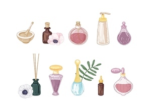 Set of perfume products in glass bottles and flasks isolated on white . Bundle of drawings of fragrances, toilet water, essential oil, incense sticks, mortar and pestle. Vector illustration