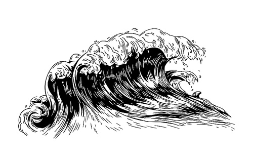 Monochrome drawing of sea or ocean wave with foaming crest. Oceanic storm, tide, seawave hand drawn with black contour lines on white background. Realistic vector illustration in vintage style