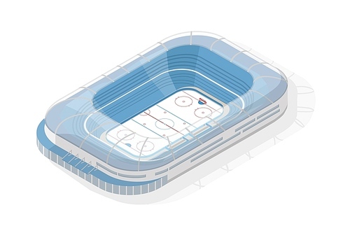 Isometric ice hokey stadium. Sports venue or arena isolated on white . Building or structure for team sporting competition, game tournament or championship. Modern vector illustration