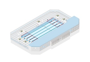 Olympic-size swimming pool for international competition isolated on white background. Building or structure for sports tournament or championship. Modern colorful isometric vector illustration