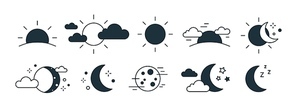 Bundle of rising or setting sun, crescent moon, cloud and stars symbols. Set of day and night time monochrome pictograms drawn with black contour lines on white background. Modern vector illustration