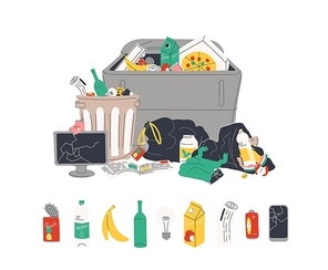 Unsorted garbage in trash containers and bin bags. Plastic, glass, metal, paper, organic waste in dumpster isolated on white . Rubbish or litter. Flat cartoon colorful vector illustration