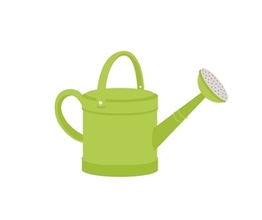 Green metal watering can or pot isolated on white background. Modern gardening tool or agricultural implement used in horticulture and plant cultivation. Flat cartoon colorful vector illustration