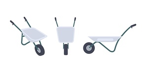 Bundle of wheelbarrows isolated on white . Front and side views. Modern gardening tool or agricultural implement used in horticulture and plant cultivation. Flat cartoon vector illustration