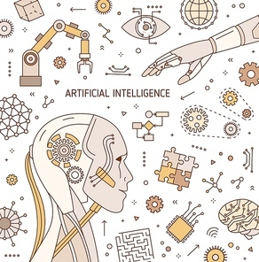 Square card template with robot head, robotic arm, automatic manipulator, innovative hi tech devices. Artificial intelligence and machine learning. Vector illustration in modern line art style