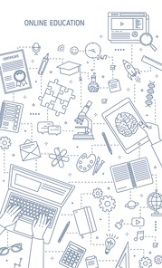 Vertical banner template with hands typing on computer and office supplies. Distance education, e-learning, obtaining university degree online. Monochrome vector illustration in linear style