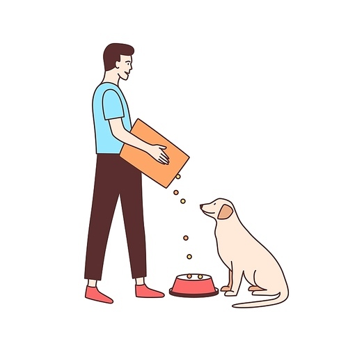 Cute male volunteer feeding stray dog in animal shelter or pound. Young man giving food to homeless or abandoned doggy isolated on white . Colorful vector illustration in line art style