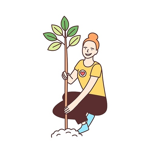Young happy female volunteer or ecologist planting tree in park isolated on white . Ecological or reforestation volunteering, altruistic activity. Vector illustration in line art style