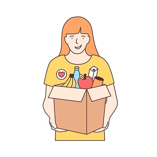 Smiling female volunteer carrying box with fruits and other products isolated on white . Food donation, volunteering, altruistic activity. Colorful vector illustration in line art style