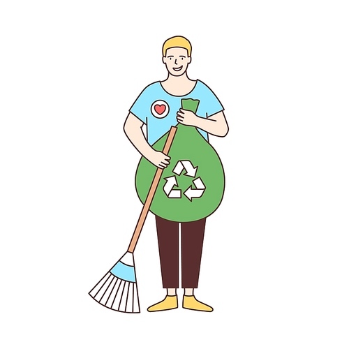 Smiling male volunteer with broom and recycling bag sweeping street isolated on white . Ecological activism, eco volunteering, altruistic activity. Vector illustration in line art style