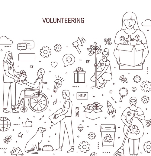 Volunteering vector banner design. Humanitarian help concept outline illustrations. Altruism, donation and charity poster. Volunteer helping disabled person, planting tree design elements line art