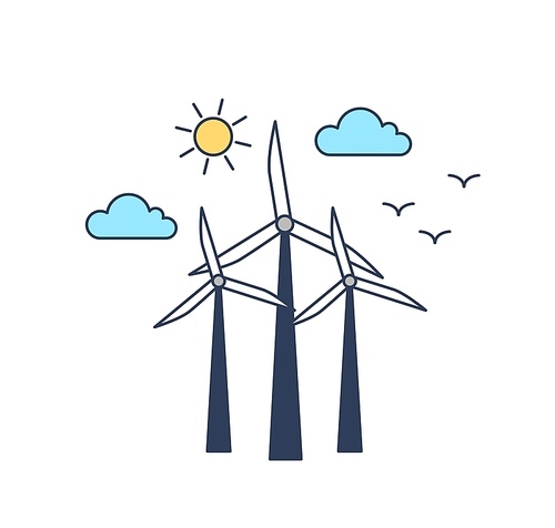 Windmills vector color linear illustration. Windturbine for electric power generation isolated clipart on white . Wind energy converters, flying birds and sunny weather design elements