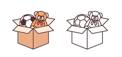 Bundle of colorful and monochrome drawings of teddy bear and football ball in carton box. Toys for children's entertainment isolated on white . Modern vector illustration in line art style