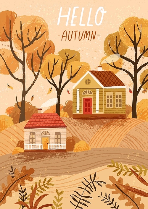Hello autumn hand drawn greeting card vector template. Postcard, poster layout. Fall season landscape, countryside scenery, autumn mood. Rustic houses, cozy cottages illustration with typography