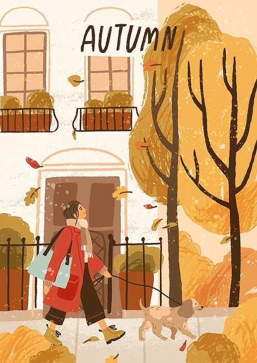 Autumn mood hand drawn greeting card vector. Autumn poster, seasonal postcard layout. Leaf fall, young woman on outdoor stroll with pet. Smiling girl walking dog illustration with typography