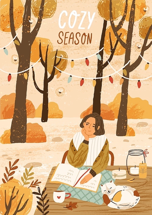Cozy season hand drawn greeting card vector. Autumn mood placard, banner layout. Young woman enjoying autumn nature illustration with typography. Outdoor rest in forest, relaxation park