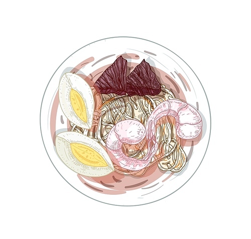 thai fried noodles hand drawn vector illustration. hokkien mee  with egg slices in bowl isolated on white . traditional singapore seafood soup. malaysian cuisine, penang dish