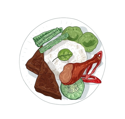 nasi dagang hand drawn vector illustration. traditional malaysian dish with steamed , pickled cucumbers isolated on white . asian cuisine restaurant menu. exotic indonesia meal