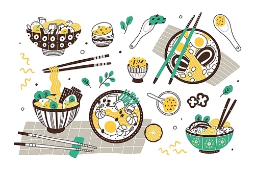 Ramen soup hand drawn vector illustrations set. Traditional oriental dish, noodles bowls with chopsticks. National japanese cuisine restaurant menu design elements. Eastern food, delicious dinner