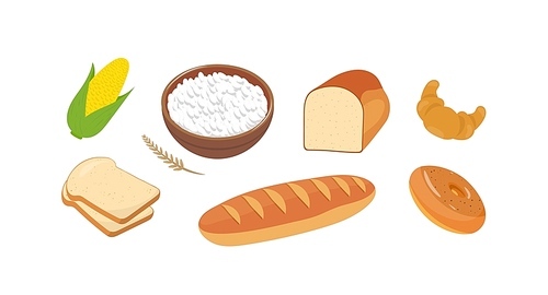Flour products vector illustrations set. Long loaf, bread slices and wheat ear. Natural food and ingredients. Delicious baking, homemade pastry on white. Tasty croissant, corn and doughnut